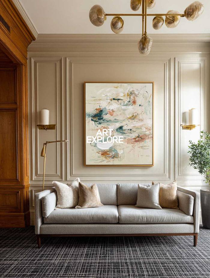 Large Abstract Expressionist Painting In Beige And Green For Modern Home Decor