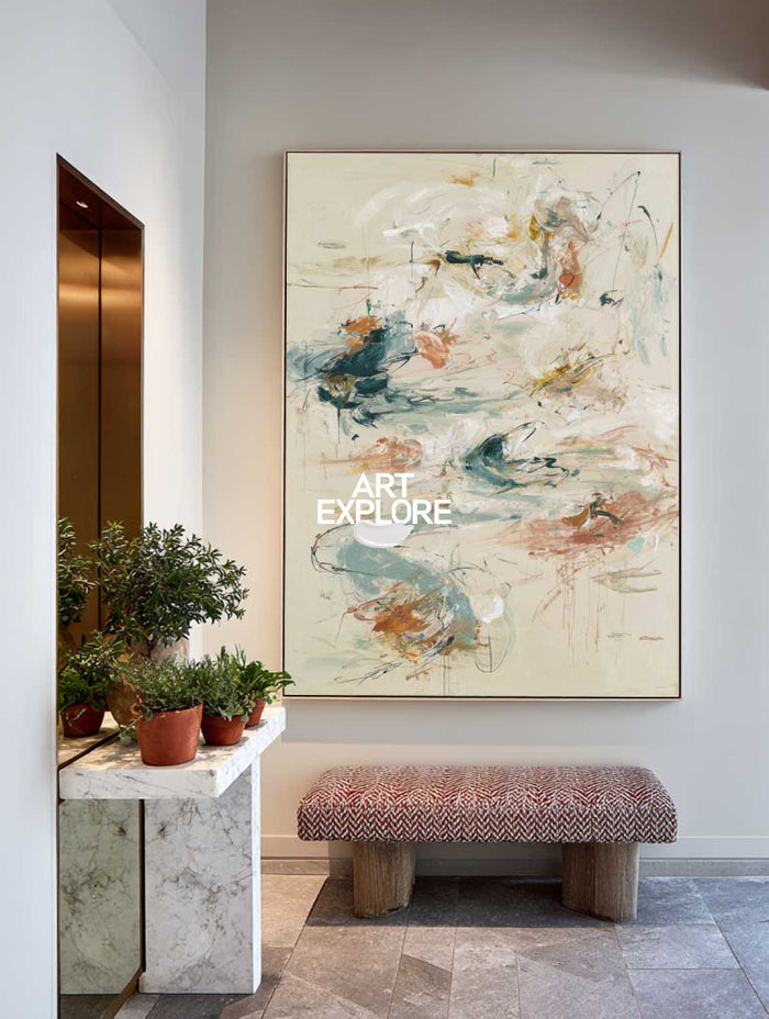 Large Abstract Expressionist Painting In Beige And Green For Modern Home Decor