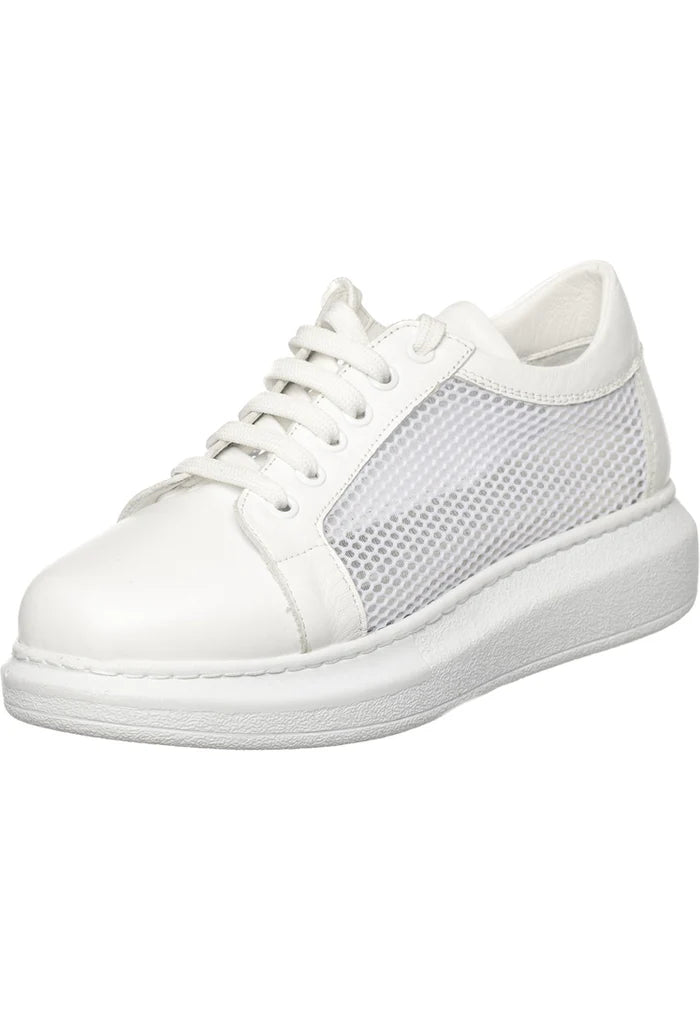 A pair of trendy white lace-up sneakers with a breathable mesh panel design, perfect for athletic activities or adding a stylish touch to your outfit.
