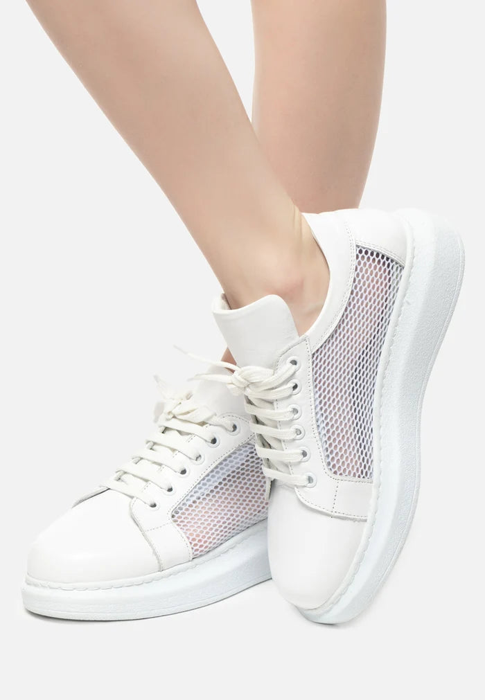 A trendy pair of white mesh panel lace-up sneakers, perfect for casual wear or working out, ideal as fashionable athletic shoes.