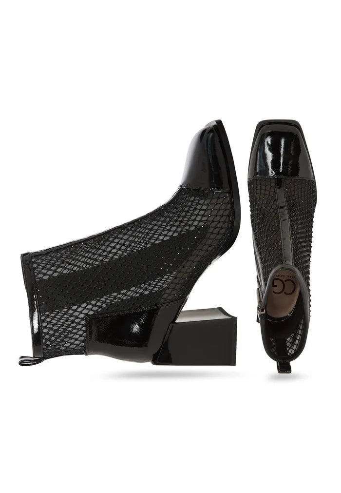 Mesh Panel Patent Leather Ankle Boot