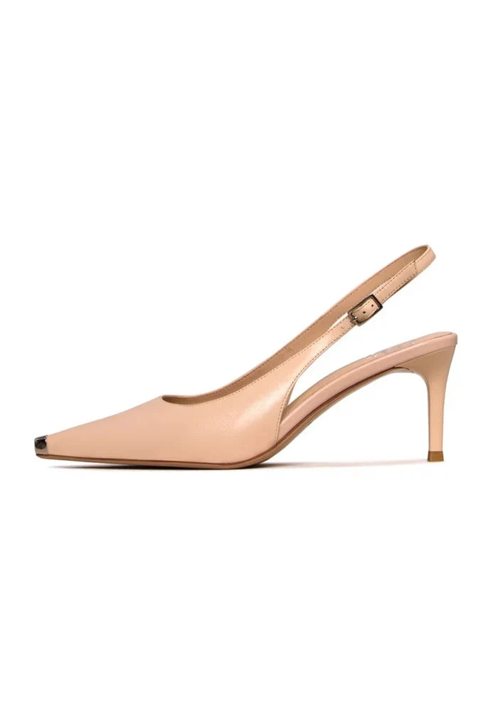 Beige leather pumps with metal accents, high heels, and designer flair.