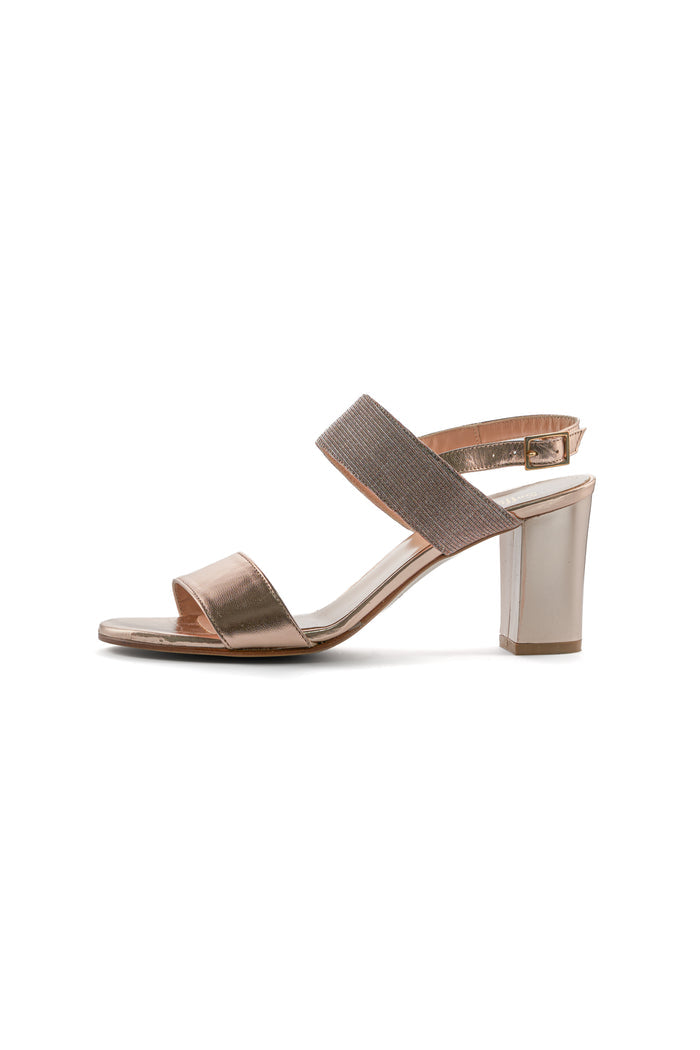 Metallic Strap Block Heel Sandals – Rose Gold