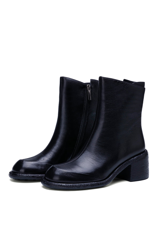 Mid-Calf Block Heel Boots - Black