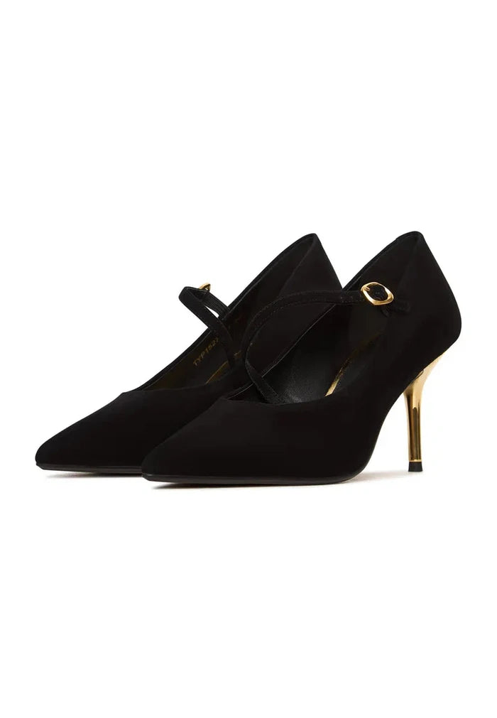 A pair of elegant Midnight Muse Mary Janes Gold shoes, perfect for women seeking glamorous gold dress shoes.