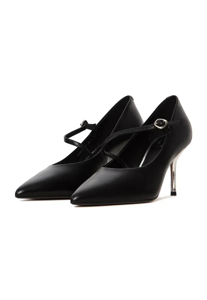 A stylish pair of midnight muse Mary Jane heels in metallic silver, perfect for any woman looking for trendy and elegant silver footwear.