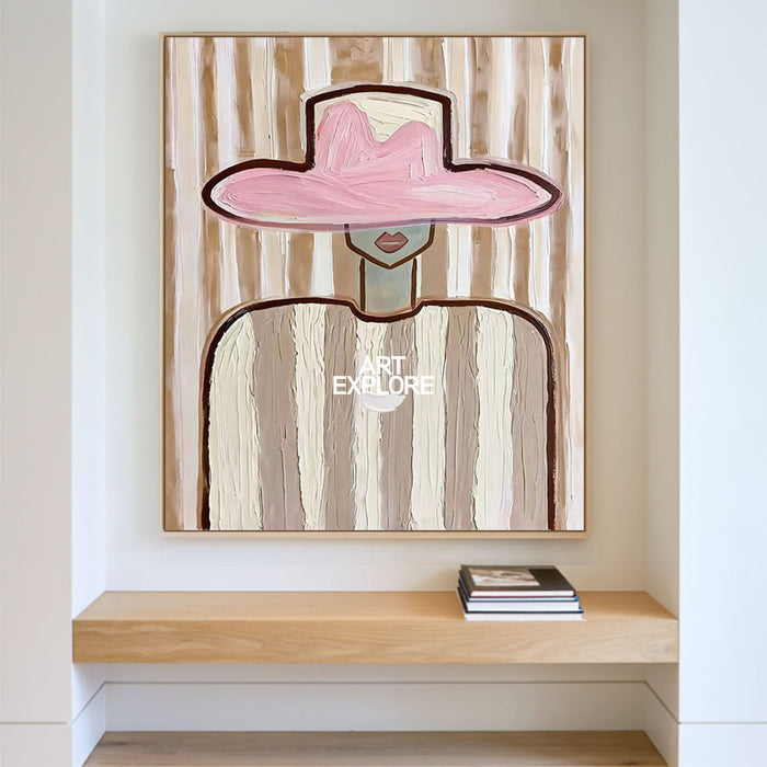 Minimalist Pink Hat Portrait Painting Brown Beige Abstract Wall Art For Living Room Vertical Canvas