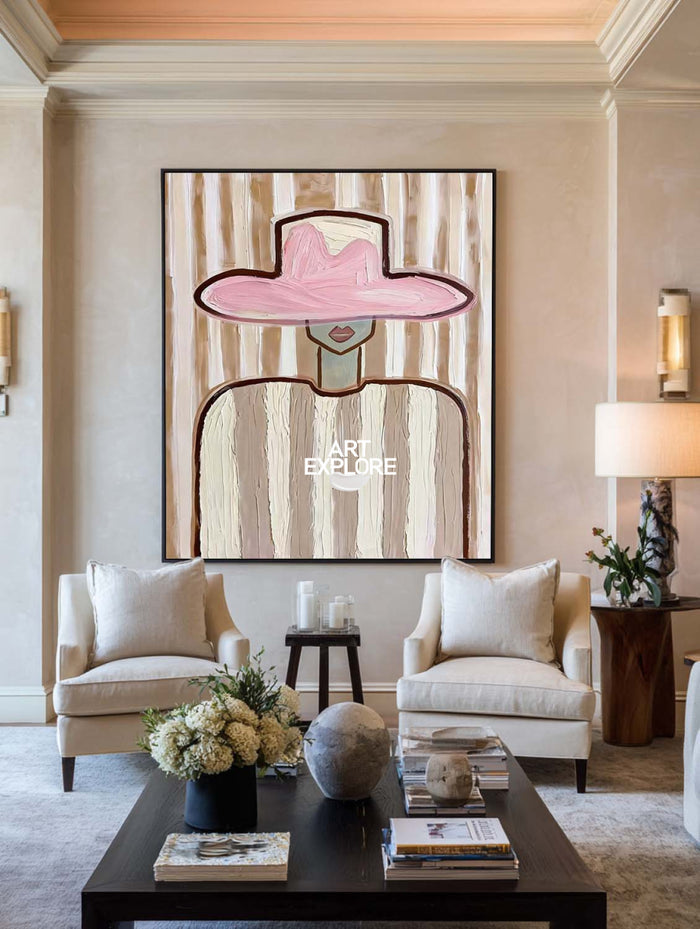 Minimalist Pink Hat Portrait Painting Brown Beige Abstract Wall Art For Living Room Vertical Canvas
