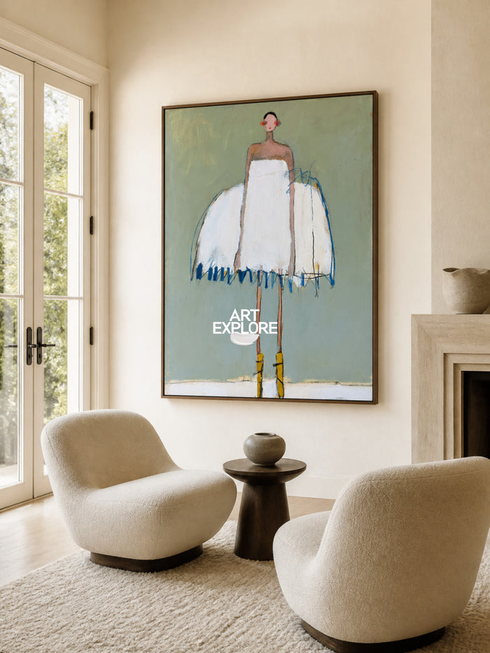 Minimalist Woman Painting White Dress Modern Art For Living Room