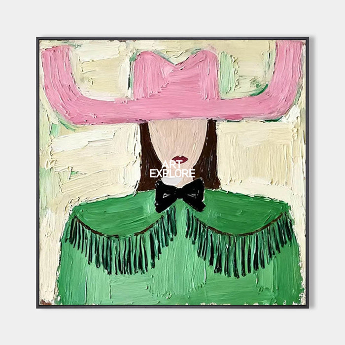 Charming Folk Art Painting With Pink Hat And Green Shawl For Modern Home Decor