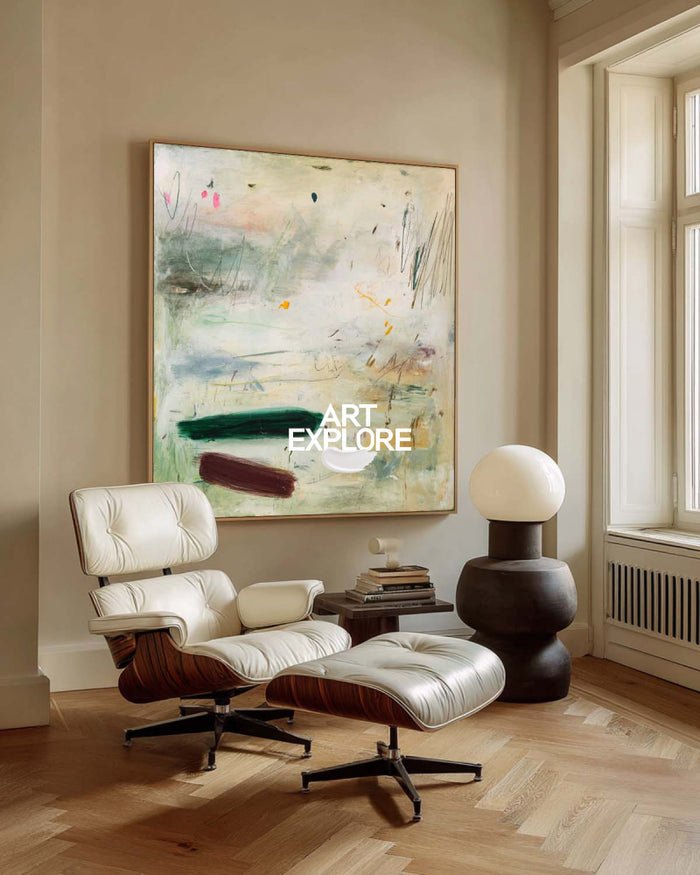 Modern Minimalist Green Abstract Painting Original Oil On Linen Canvas For Living Room Decor