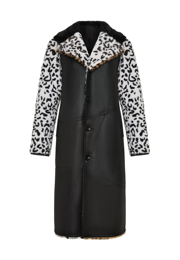 Stay cozy and stylish with this Flavia mixed print reversible faux fur coat featuring a trendy leopard print on one side and a solid color on the other.