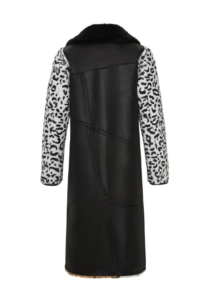 A stylish reversible faux fur Flavia coat with leopard print and mixed prints, serving as the perfect on-trend faux fur jacket.