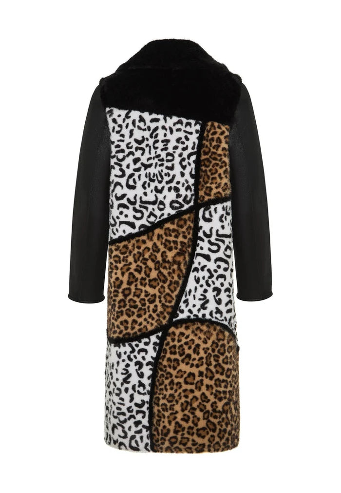 A stylish Flavia coat featuring a reversible design with leopard print and mixed print faux fur, perfect for staying warm and on-trend.