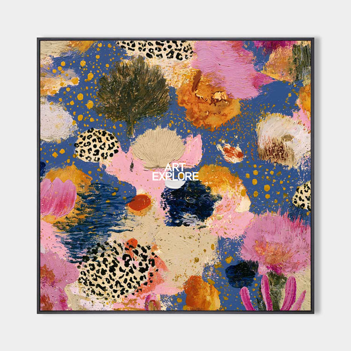 Contemporary Pop Art Style Canvas With Textured Pink And Blue Flowers