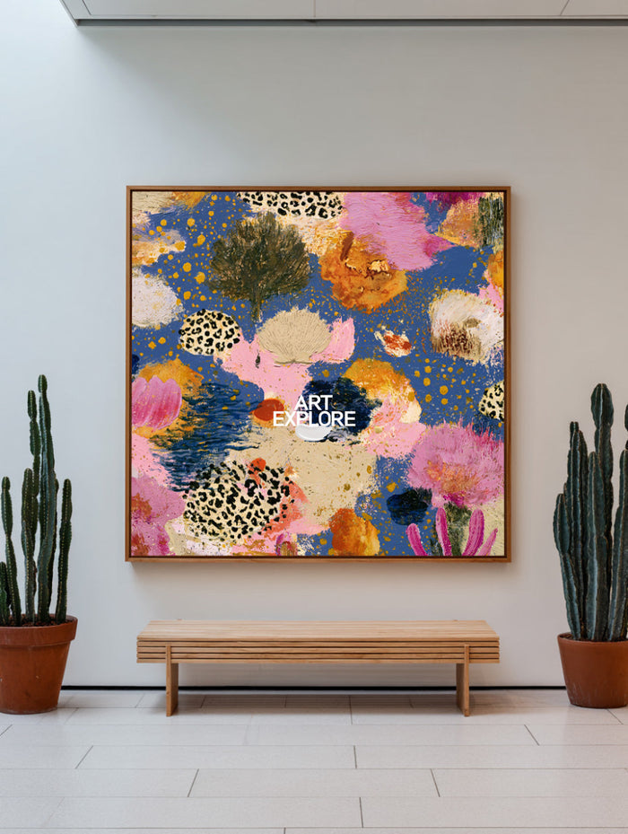Contemporary Pop Art Style Canvas With Textured Pink And Blue Flowers
