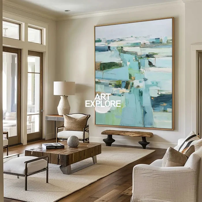 Modern Turquoise Painting Blue Abstract Canvas Wall Art Large Abstract Texture Painting For Sale