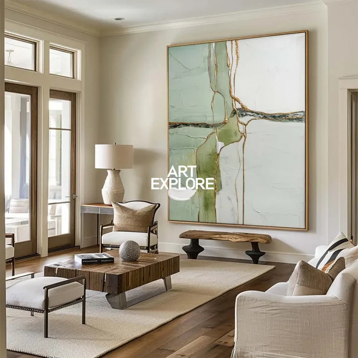 Wabi-sabi Green Texture Painting Large Sage Color Wall Art Modern Minimalist Wall Art For Living Room