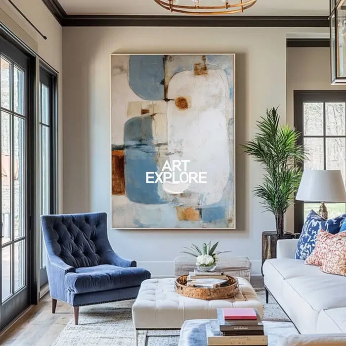 Minimalist Blue Abstract Oil Painting on Canvas - Large Vertical Wall Art | ArtExplore