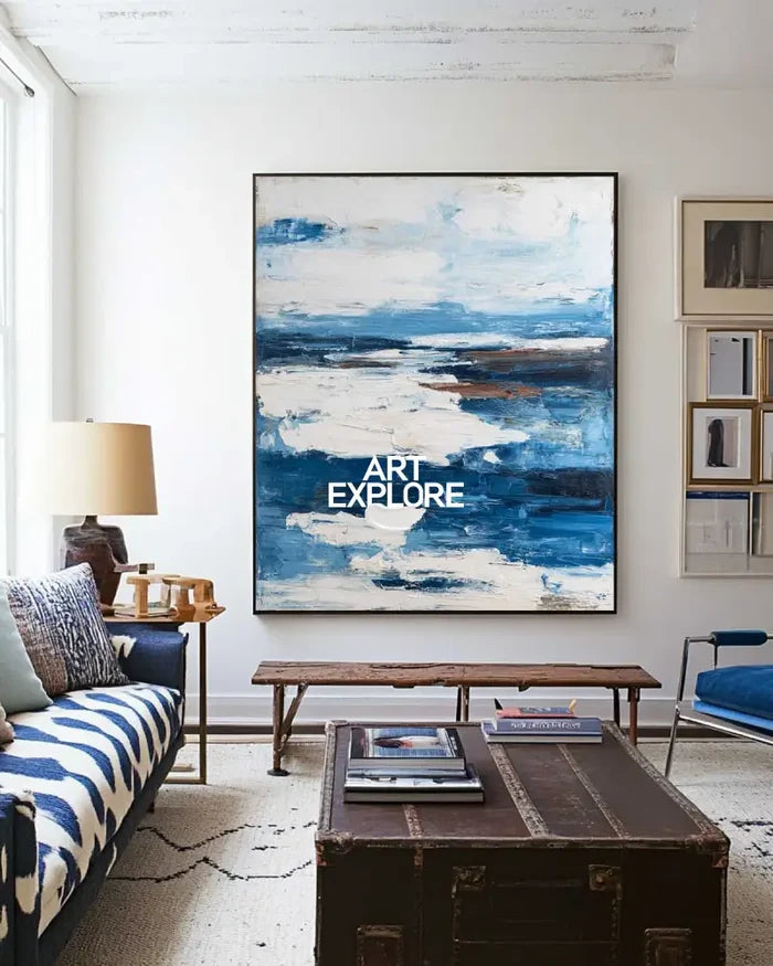 Handmade Modern Blue Abstract Oil Painting – Large Vertical Art for Home & Office Decor | ArtExplore