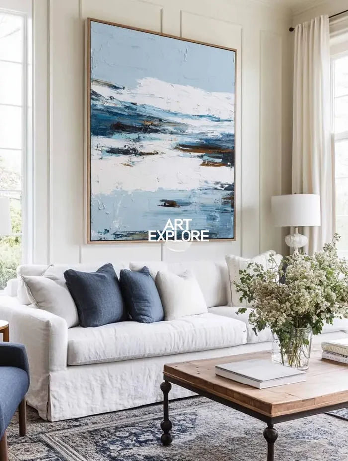 Minimalist Blue Abstract Canvas – Vertical Textured Oil Painting for Large Spaces | ArtExplore