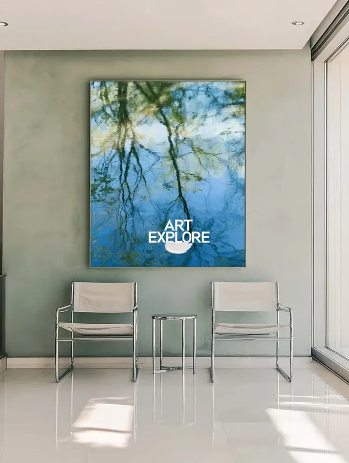 Modern Impressionist Wall Art – Green Trees Over Blue Water Reflections on Canvas