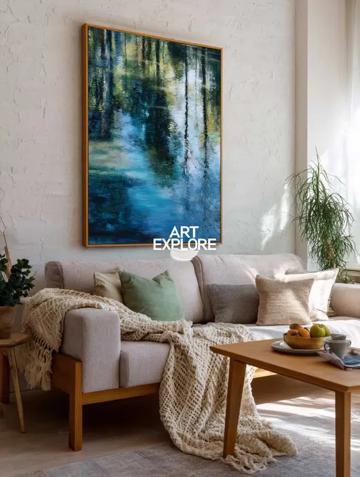 Impressionist Green and Blue Reflection Oil Painting – Modern Large Space Wall Decor | ArtExplore