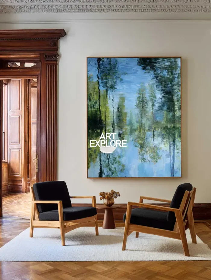 Minimalist Green Nature Reflection Canvas Painting – Oversized Handmade Wall Art Explore