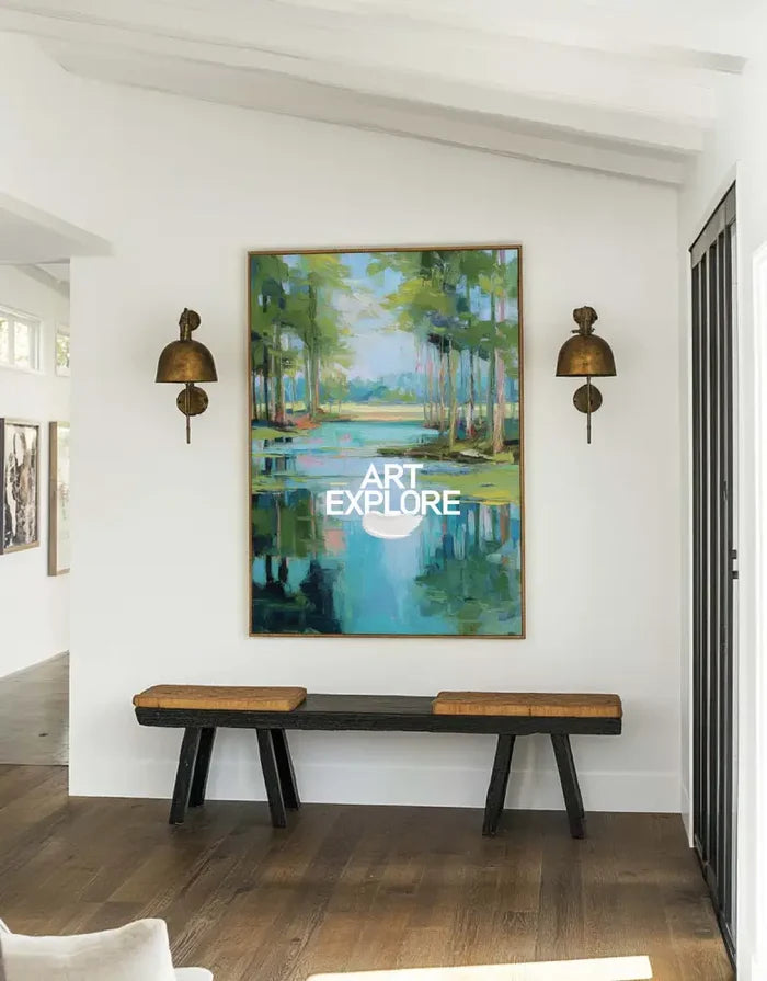 ArtExplore Handmade Green Scenery Painting – Modern Large Textured Vertical Canvas