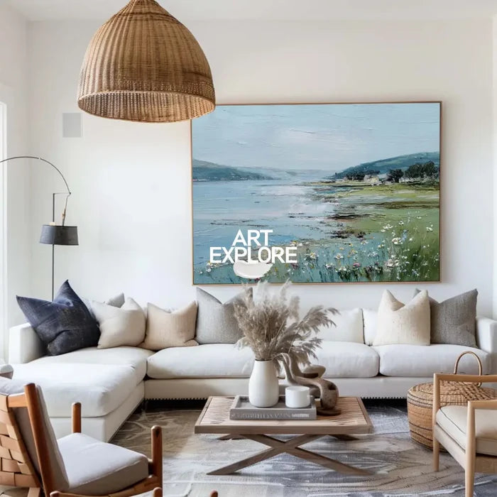Large Blue Scenery Oil Painting Blue Lake Textured Wall Art Modern Blue Landscape Wall Art For Sale