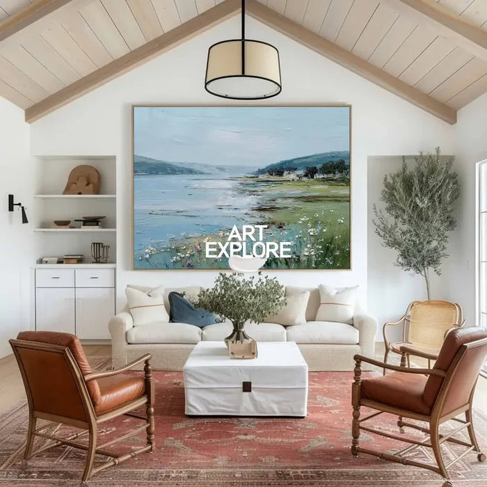 Large Blue Scenery Oil Painting Blue Lake Textured Wall Art Modern Blue Landscape Wall Art For Sale