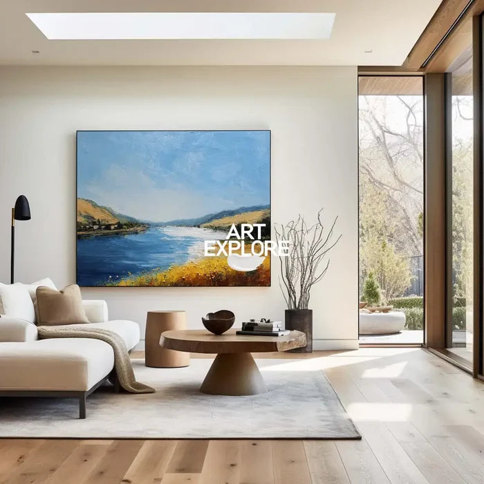 Large Blue Lake View Oil Painting Lake Textured Canvas Art Modern Blue Abstract Landscape Wall Art
