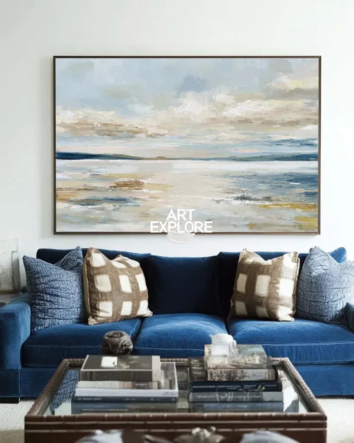 Misty Morning Lake – Large Handmade Blue Beige Oil Painting – Modern Wall Art by ArtExplore