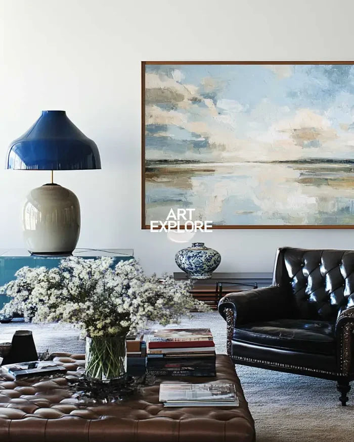 Textured Sunrise Lake Painting on Canvas | Minimalist Blue Wall Art for Home | ArtExplore