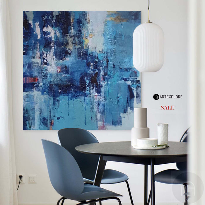 Large Blue Square Abstract Art Modern Blue Painting Abstract Framed Canvas Painting