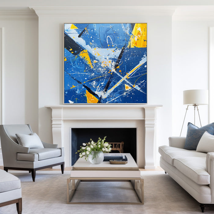 Original Blue And Yellow Abstract Wall Art ,Bump The Color，Living Room Decor, Modern, Minimalist Wall Art