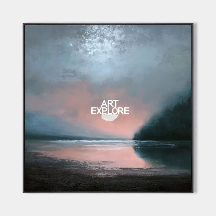 Large Dark Blue Sea and Sunset Painting Seaside Textured Art Modern Blue Abstract Wall Art For Sale