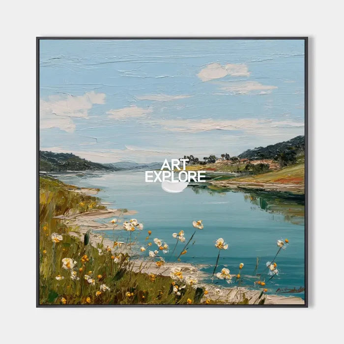 Large Blue Lake View Oil Painting Blue Lake Textured Art  Blue Abstract Landscape Wall Art For Sale