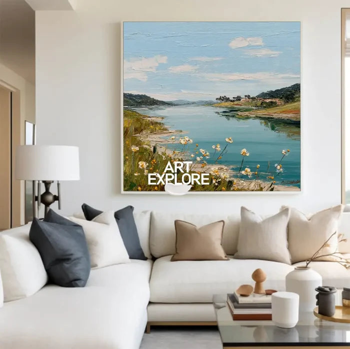 Large Blue Lake View Oil Painting Blue Lake Textured Art  Blue Abstract Landscape Wall Art For Sale