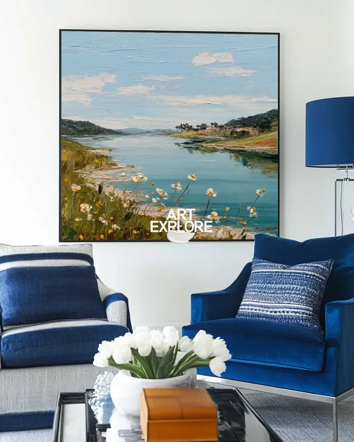 Large Blue Lake View Oil Painting Blue Lake Textured Art  Blue Abstract Landscape Wall Art For Sale