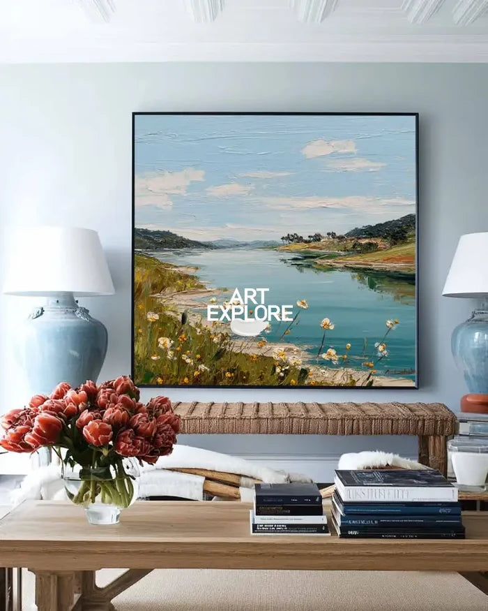 Large Blue Lake View Oil Painting Blue Lake Textured Art  Blue Abstract Landscape Wall Art For Sale