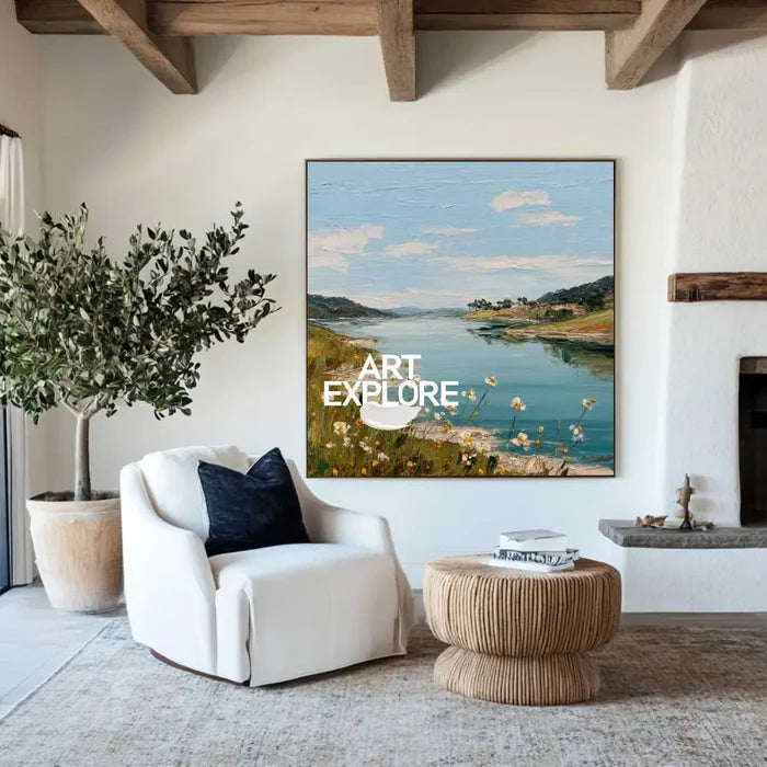 Large Blue Lake View Oil Painting Blue Lake Textured Art  Blue Abstract Landscape Wall Art For Sale