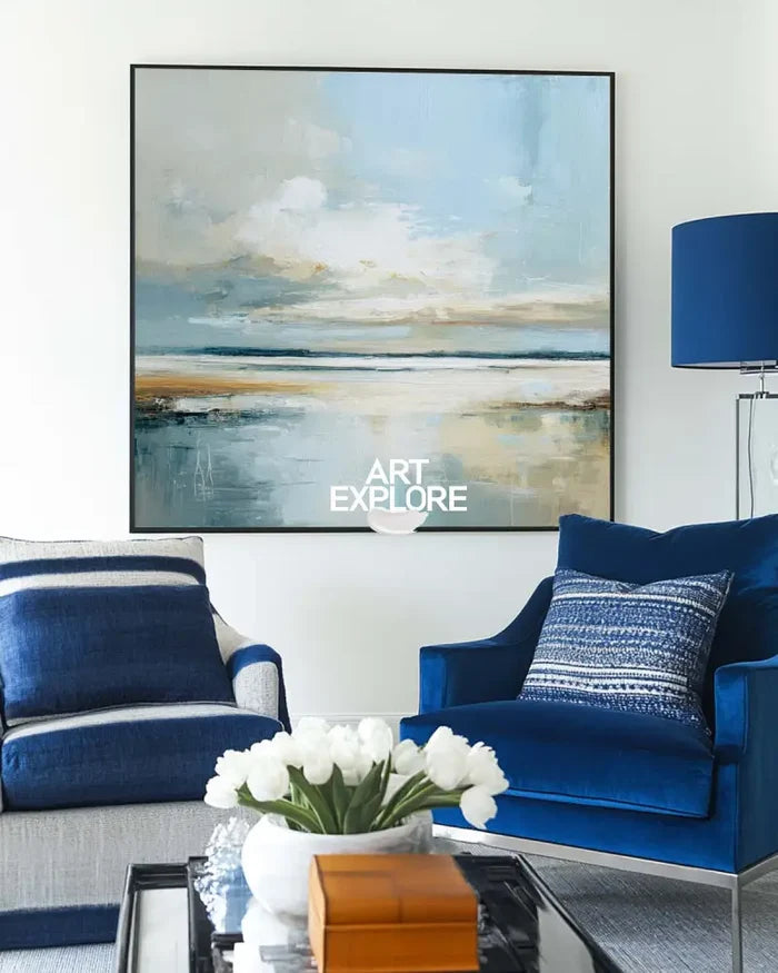 ArtExplore Modern Landscape Wall Art – Oversized Handmade Blue Seascape Canvas for Large Space Home Decoration