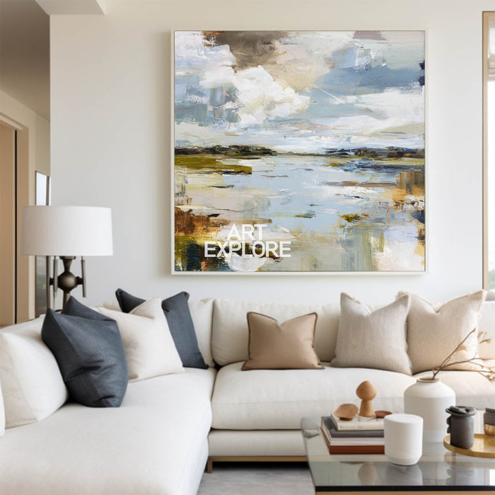 Large Handmade Blue Lake Texture Painting – Modern Abstract Scenery Canvas Wall Art for Contemporary Home Decor