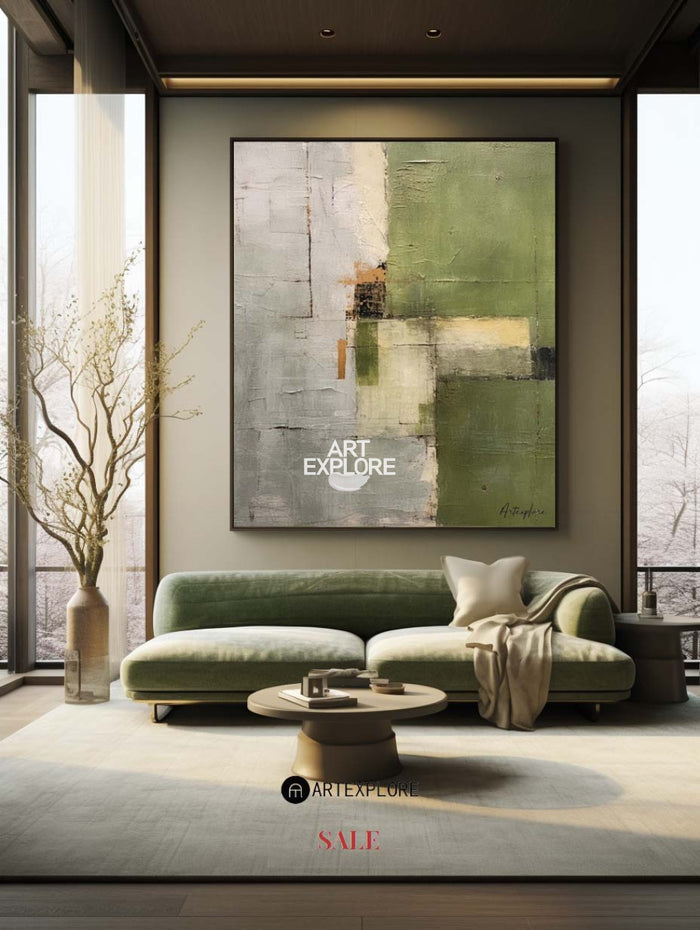 Wabi-sabi Green Abstract Art, Green Minimalist Painting, Eclectic Textured Canvas Wall Art