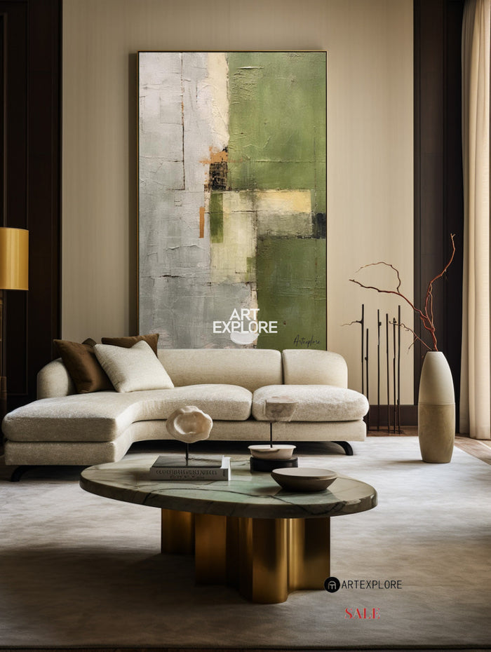 Wabi-sabi Green Abstract Art, Green Minimalist Painting, Eclectic Textured Canvas Wall Art