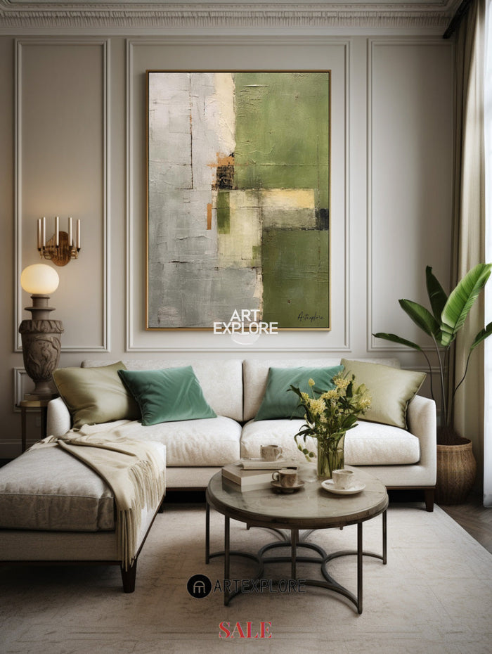 Wabi-sabi Green Abstract Art, Green Minimalist Painting, Eclectic Textured Canvas Wall Art
