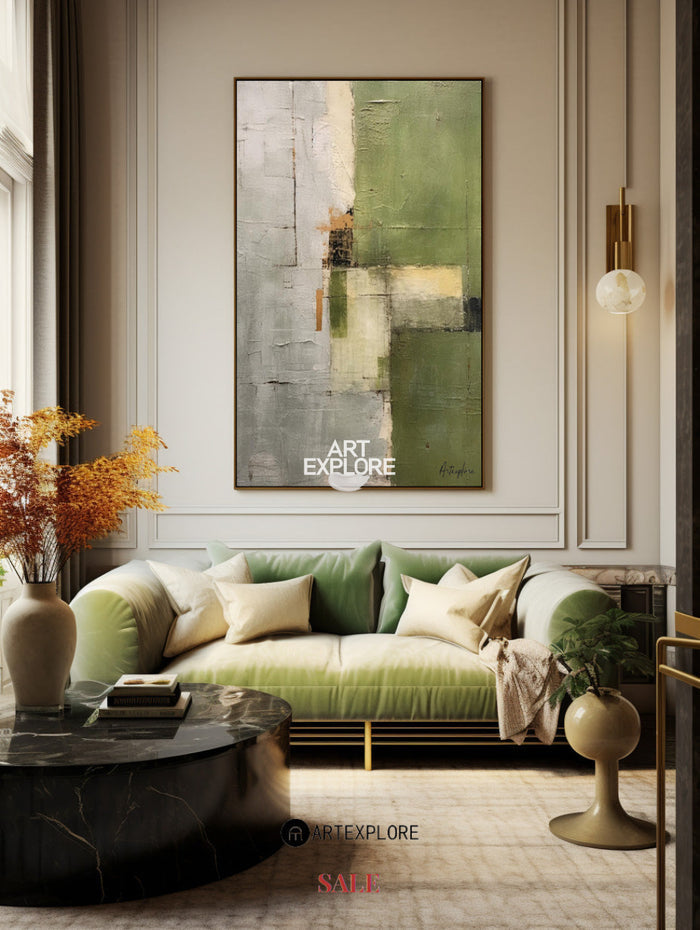 Wabi-sabi Green Abstract Art, Green Minimalist Painting, Eclectic Textured Canvas Wall Art