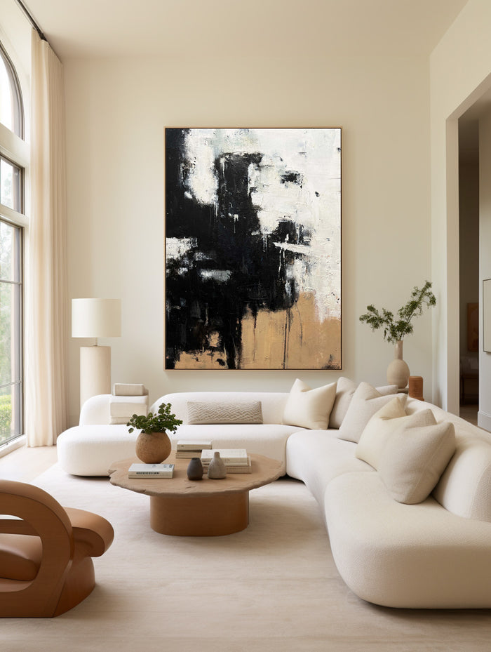 Modern Black Beige Abstract Painting Vintage Canvas Wall Art Black Beige Minimalist Abstract Art
