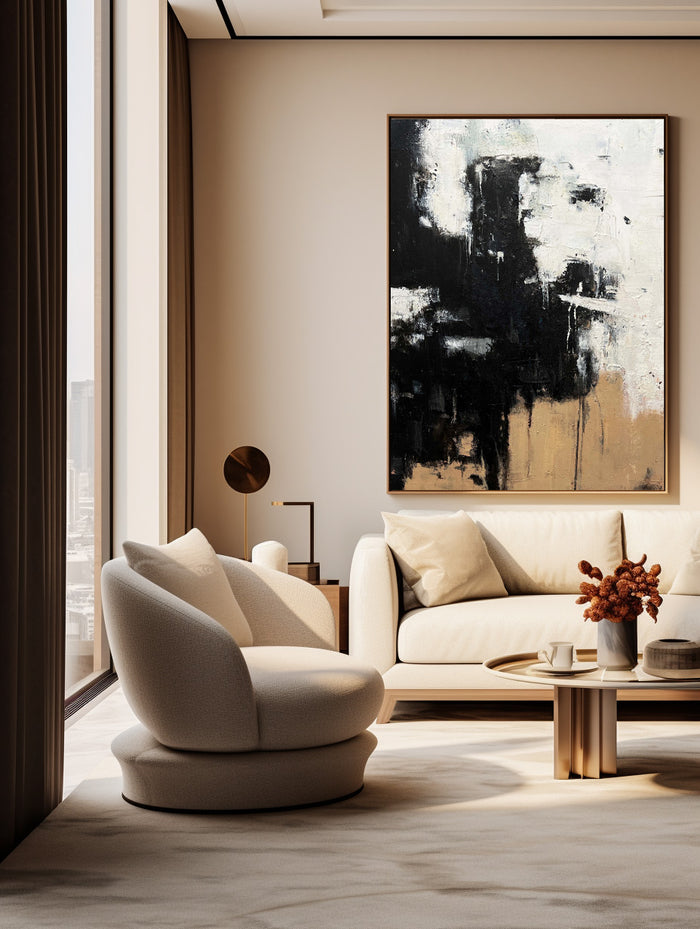 Modern Black Beige Abstract Painting Vintage Canvas Wall Art Black Beige Minimalist Abstract Art